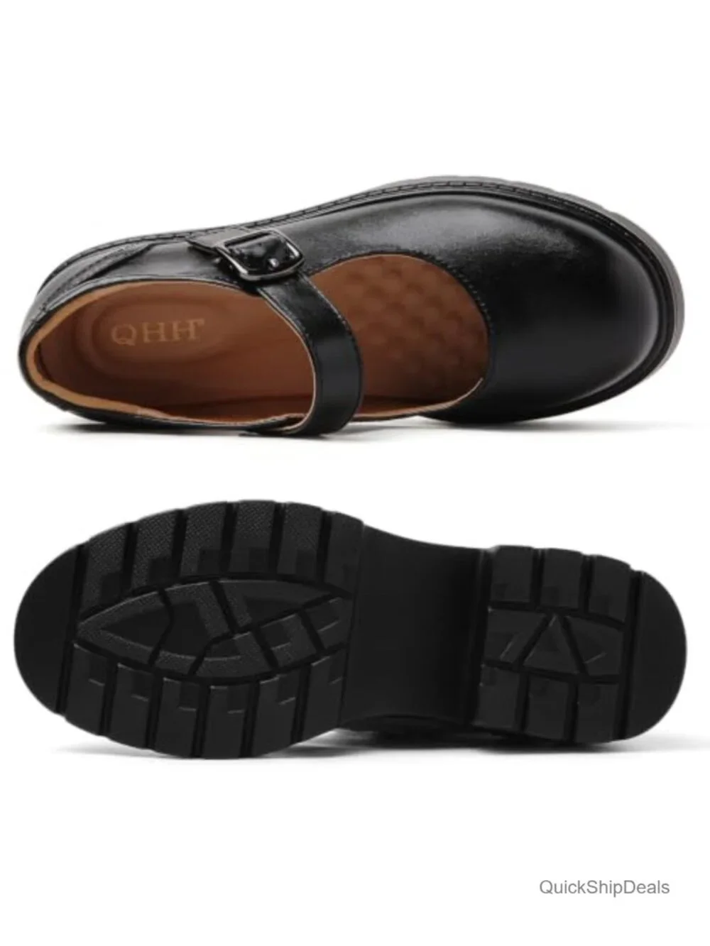 Mary Jane Platform Shoes, Chunky Heel, Leather, Round Toe, Buckle, Memory Foam